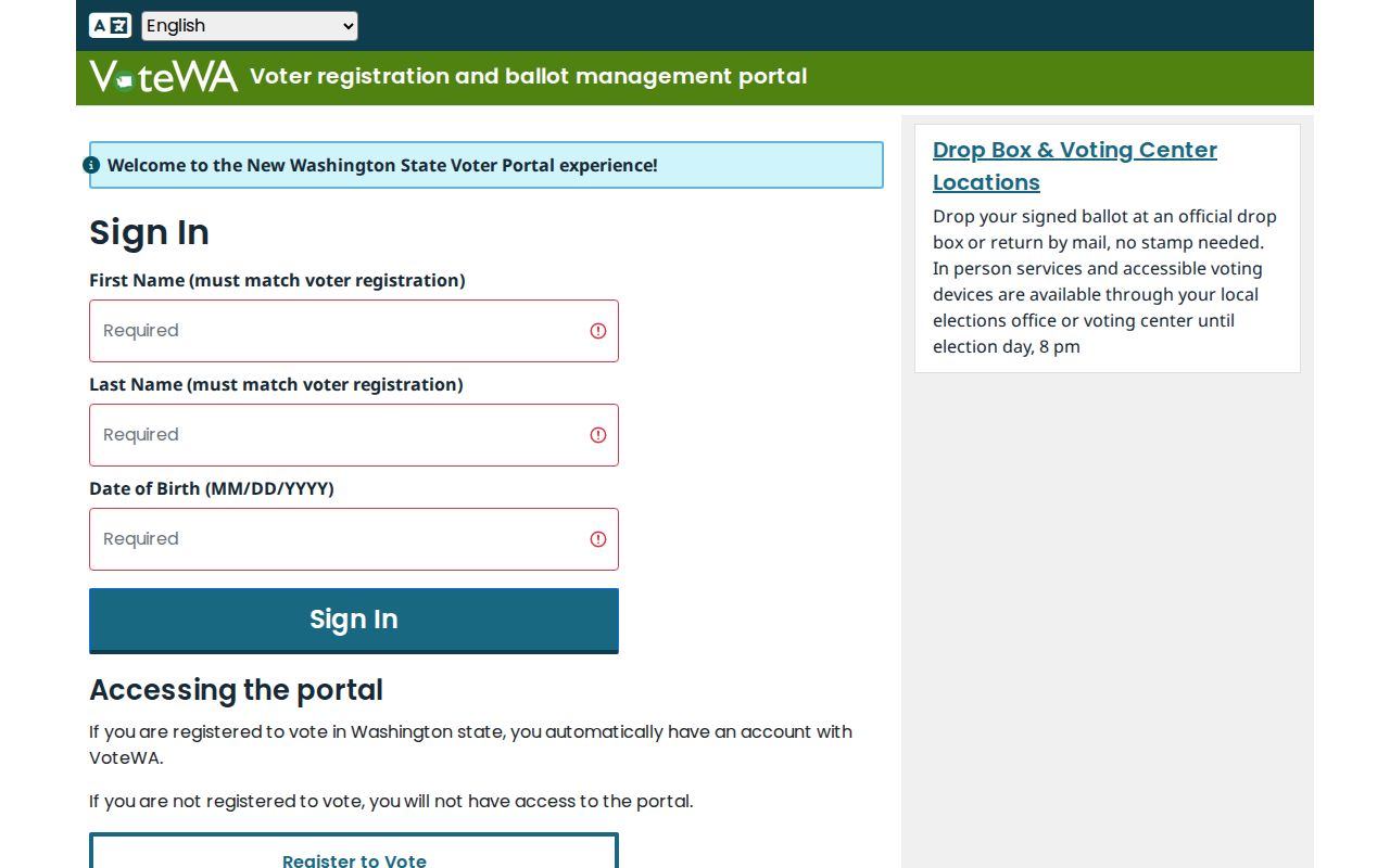 VoteWA sign-in fields for Puyallup voters